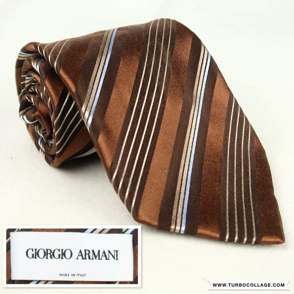 Giorgio Armani Pure Silk Tie Necktie Brown Blue Striped Made in Italy